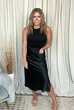 BLACK SATIN MIDI SKIRT