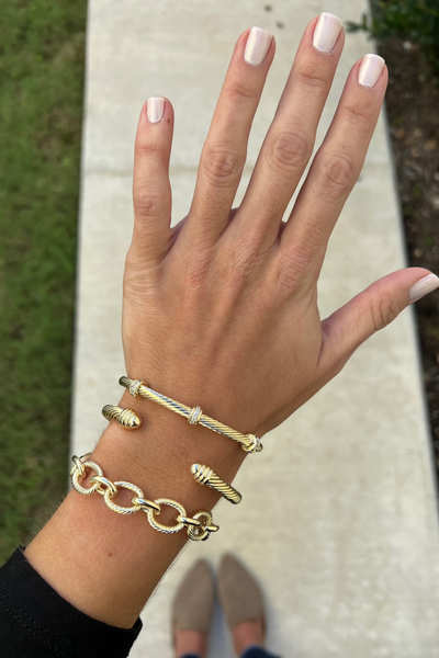 GOLD CABLE CUFF BRACELET WITH THREE CZ BEADS
