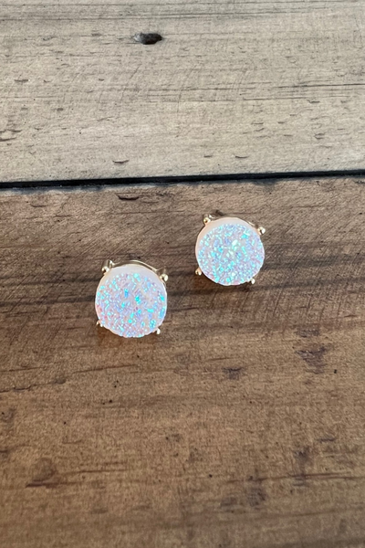 WHITE OPALESCENT DRUZY CIRCLE STUD EARRING
