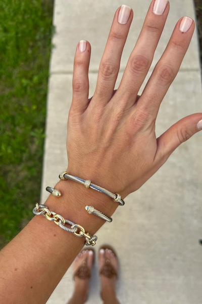 TWO TONE CABLE CUFF BRACELET WITH THREE CZ BEADS