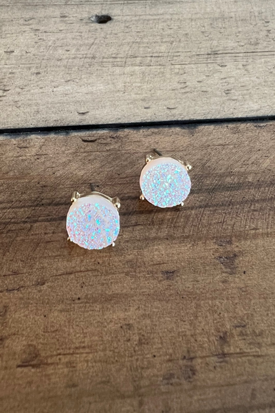 WHITE OPALESCENT DRUZY CIRCLE STUD EARRING