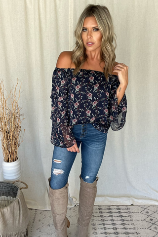 NAVY FLORAL OTS BLOUSE