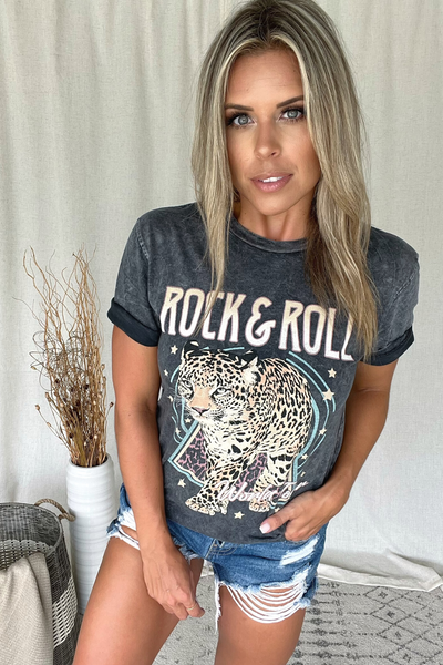 BLACK MINERAL WASH ROCK & ROLL GRAPHIC TEE