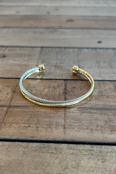 SILVER & GOLD TWO TONE TWIST CABLE CUFF BRACELET