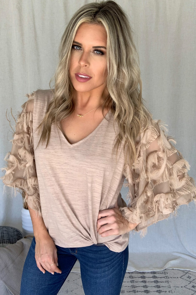 LIGHT FAWN FEATHER SLEEVE TOP