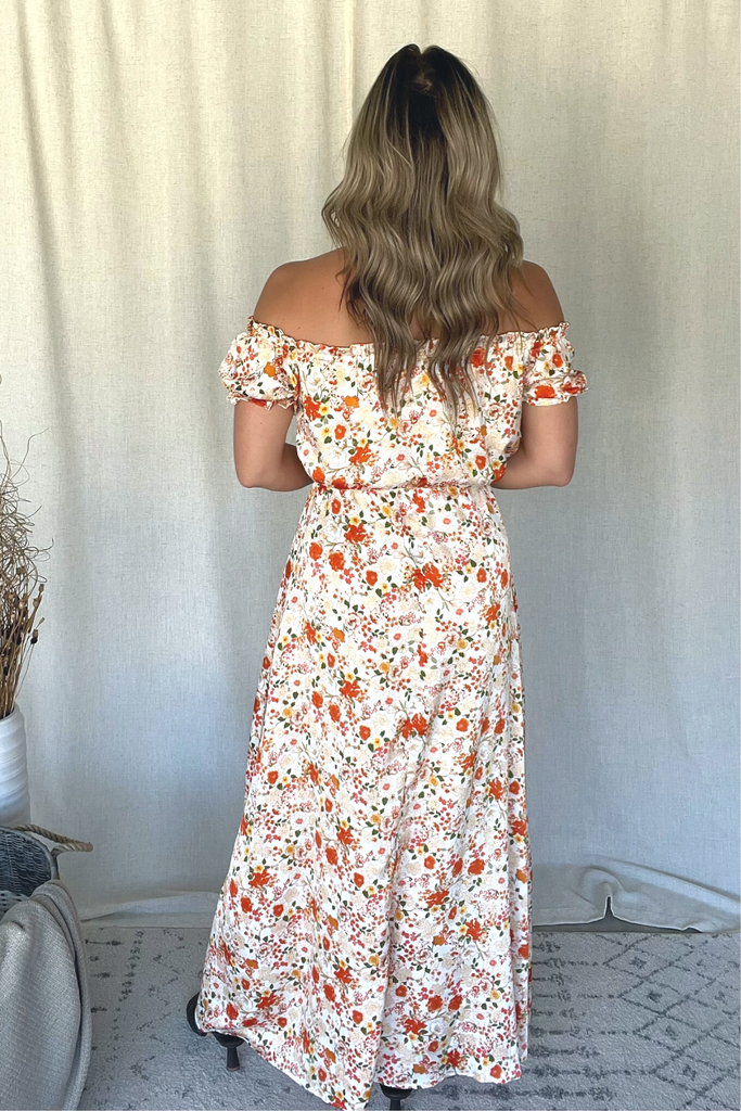 White floral off top the shoulder maxi dress