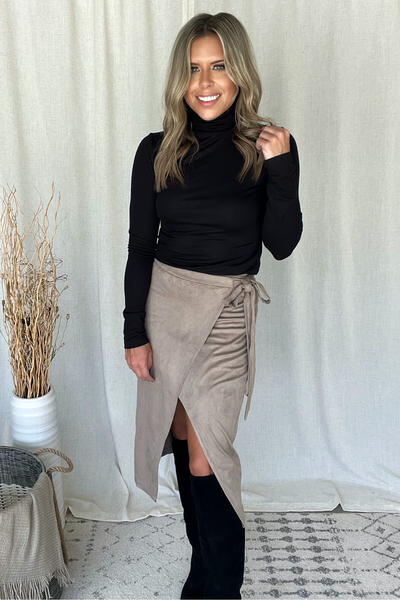 COCOA SUEDE WRAP MIDI SKIRT