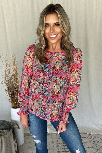 COLORFUL FLORAL PRINT SMOCKED SLEEVE BLOUSE