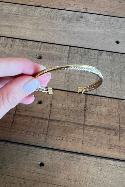 SILVER & GOLD TWO TONE TWIST CABLE CUFF BRACELET
