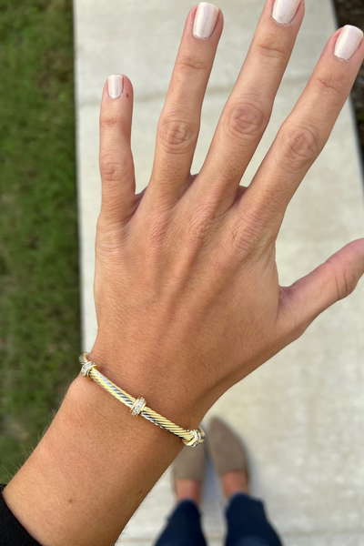 GOLD CABLE CUFF BRACELET WITH THREE CZ BEADS