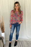 COLORFUL FLORAL PRINT SMOCKED SLEEVE BLOUSE