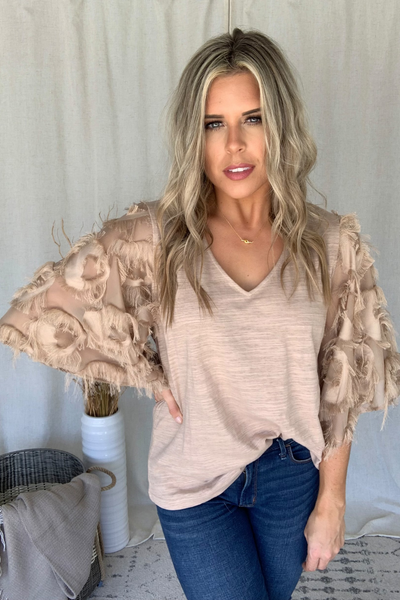 LIGHT FAWN FEATHER SLEEVE TOP