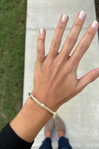 GOLD CABLE CUFF BRACELET WITH THREE CZ BEADS