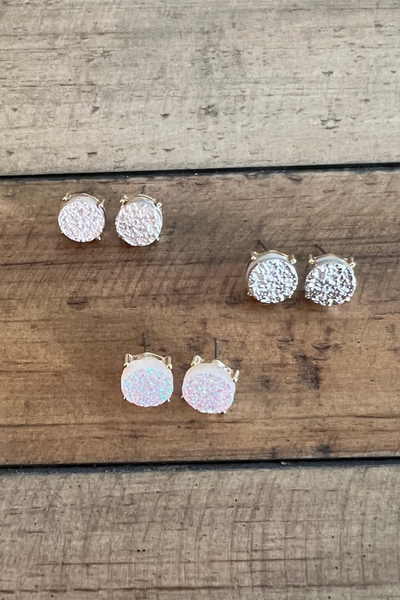 WHITE OPALESCENT DRUZY CIRCLE STUD EARRING