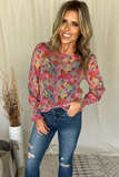 COLORFUL FLORAL PRINT SMOCKED SLEEVE BLOUSE