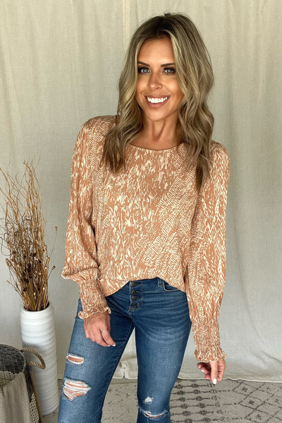 MAUVE PRINTED SMOCKED SLEEVE BLOUSE