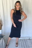 BLACK MICRO RIBBED TANK MIDI DRESS