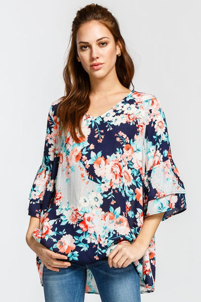 NAVY FLORAL TIERED SLEEVE BLOUSE