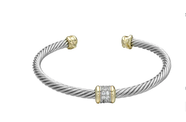 SILVER & GOLD TWO TONE CABLE CUFF BRACELET WITH CZ