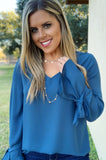 TEAL TIE CUFF BLOUSE